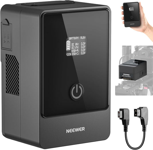 NEEWER Mini V Mount Batterij 6800mAh 99Wh 14.5V, Mini V Lock Batterij met 65W PD Type C/D Tap/BP/USB A/Dual DC-poort/OLED-display voor videocamera Camcorder Compatibel met SmallRig BMPCC 4k 6k, PS099E