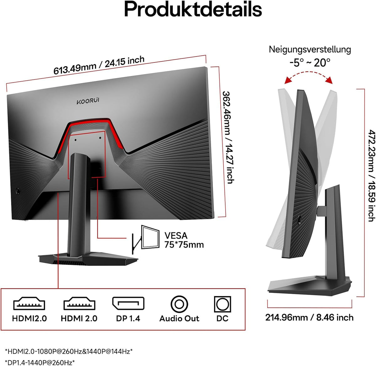 KOORUI 27 Zoll QHD 260Hz 1ms IPS Gaming Monitor, Flat PC Bildschirm,HDR400, 99% sRGB, HDMI/DP, schwarz - Ideal for Competitive Gaming & Homeoffice - QUORE