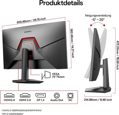 KOORUI 27 Zoll QHD 260Hz 1ms IPS Gaming Monitor, Flat PC Bildschirm,HDR400, 99% sRGB, HDMI/DP, schwarz - Ideal for Competitive Gaming & Homeoffice - QUORE