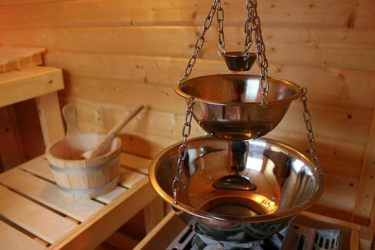 Sauna Ceremonie Deluxe: Verdamperschaal Verdamperpot roestvrij staal infusie Maxi - 3 schalen hangers voor infusie, zoutkristallen, menthokristallen - Maxi versie, patroon: zonder accessoires