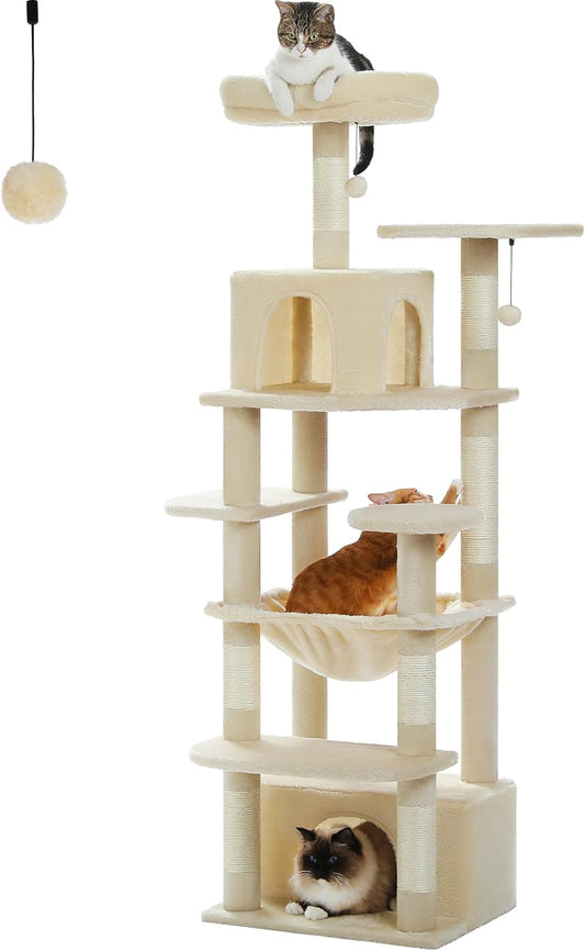 PAWZ Road Large Cat Tree, 164 cm, Cat Tower for Large Cats, Cat House with Sisal Coated Scratching Posts and Pads, 2 Padded Perches, Double Cabins and Basket for Indoor Cats, Beige - QUORE