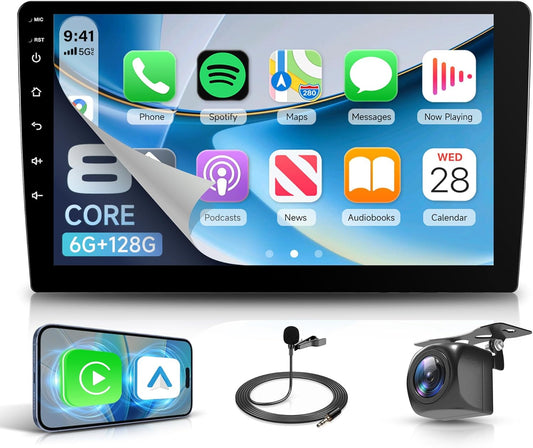 Autoradio, 6G + 128G, 8 Core, Android, 2 Din, 9 inch touchscreen met Carplay Android auto, draadloos, Bluetooth FM/RDS/EQ/DSP, wifi, GPS, 360° panoramisch zicht, stuurbediening, achteruitrijcamera