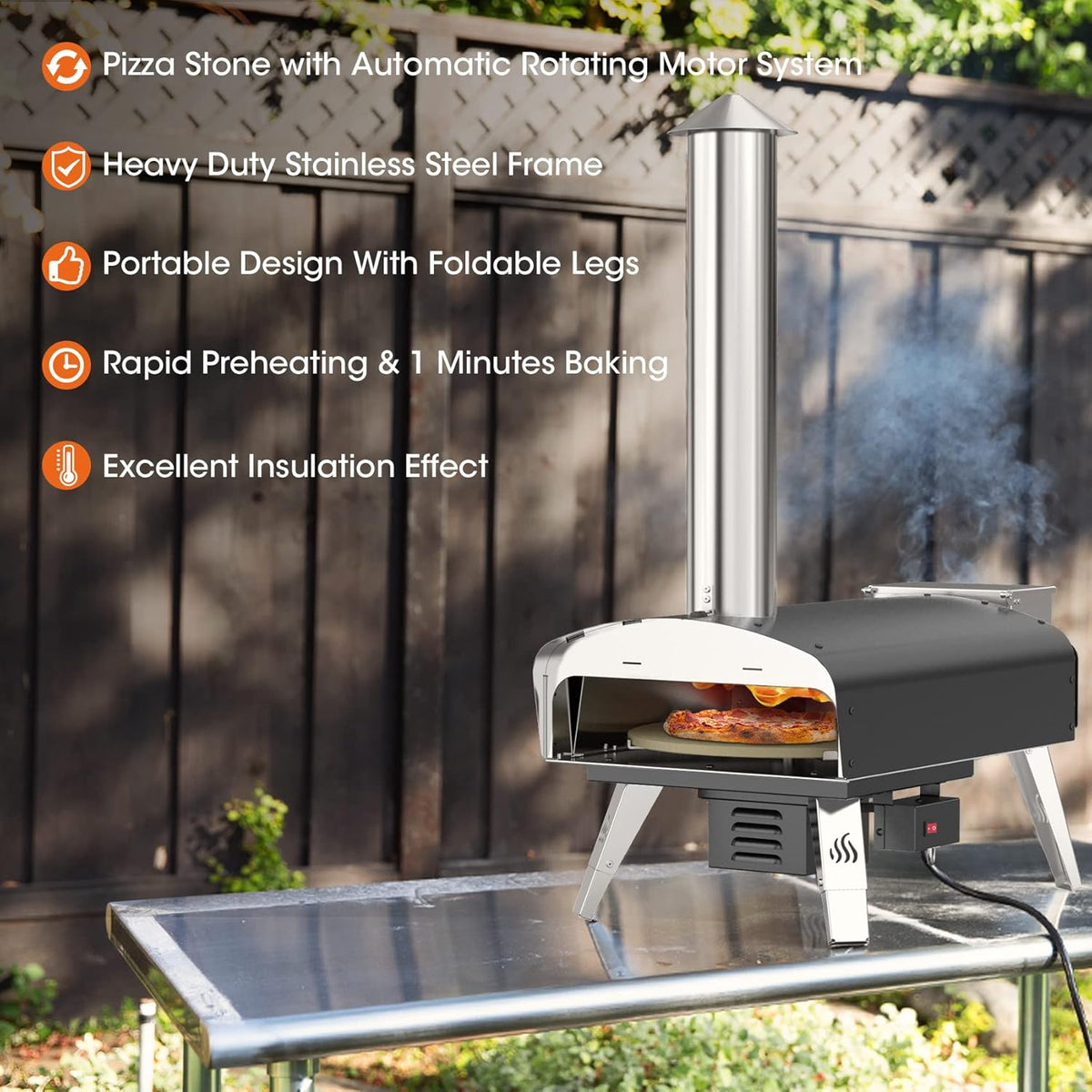 Mimiuo Pizzaoven met schep en pizzasteen, pelletkachel voor pizza met automatisch roterend grillsysteem, zwart (wereldwijd patent)