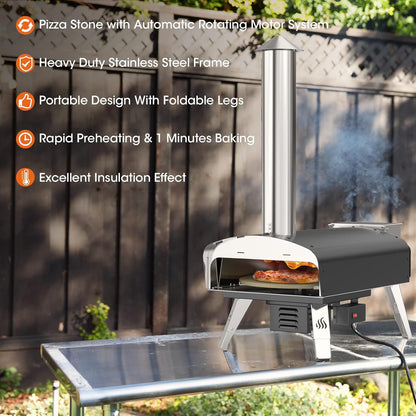 Mimiuo Pizzaoven met schep en pizzasteen, pelletkachel voor pizza met automatisch roterend grillsysteem, zwart (wereldwijd patent)