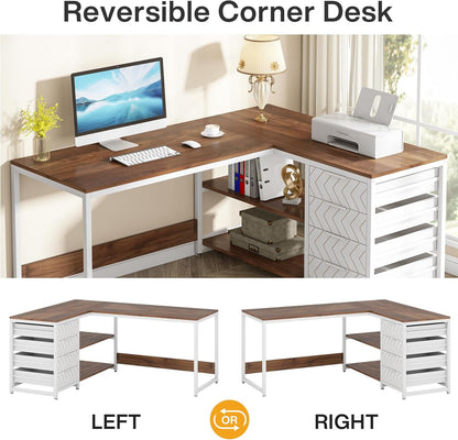 Tribesigns L-Shape Desk with 4 Drawers, L-Shaped Computer Table with 2 Shelves, Reversible Corner Desk with Storage for Office, Study, Living Room, 150 x 110 x 75 cm (Walnut and White)