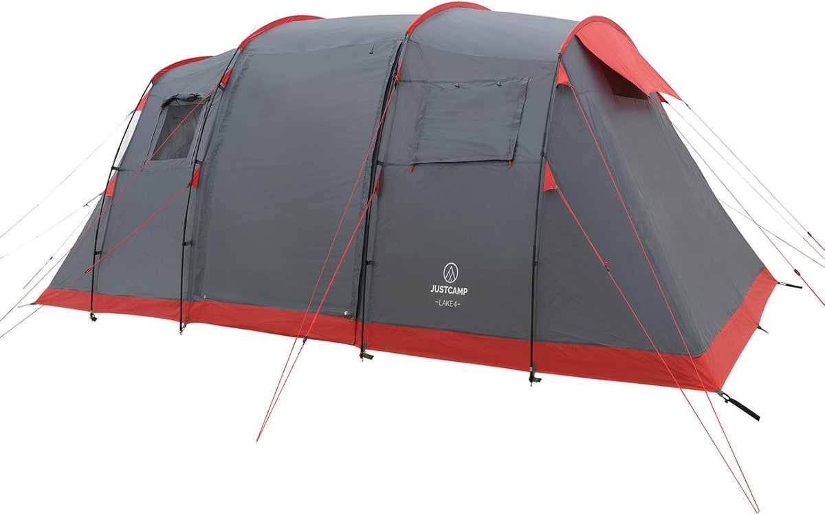 Justcamp Lake 4 Tunneltent, gezinstent, 4 personen - grijs, grote opbergruimte, festival, kampeervakantie