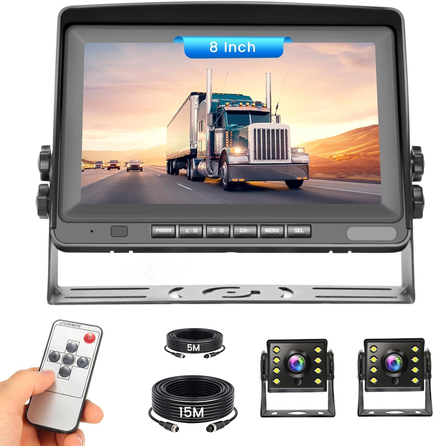 Achteruitrijcameraset met 8 inch monitor, inclusief 2 camera's, 2 x 20 m kabel, beschermingsklasse IP69, nachtzichtfunctie, 2 kanalen, geschikt voor vrachtwagens, campers, bussen en aanhangers