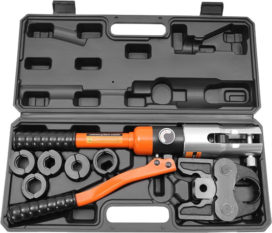 OUKANING Hydraulic Crimping Tool 10T with 360° Rotating Head and Interchangeable Shapes (TH/U/V/M Series), for Aluminium Plastic, PEX, Copper Tubes, Ergonomic, Oilproof (V12, V15, V18, V22, V28) - QUORE