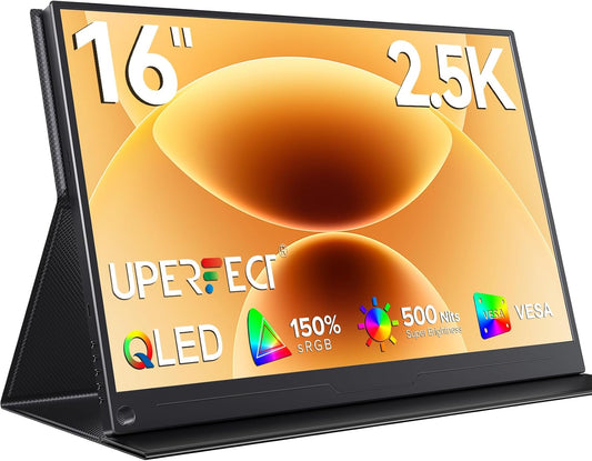 UPERFECT Draagbare Monitor QLED 16 Inch 2.5K QHD Oogverzorging 150% sRGB 2000:1 500Nits IPS Mat Scherm met HDMI USB C voor Laptop PC Mobiele Telefoon, Mobiel Display VESA-compatibel