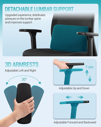 Hzuaneri Ergonomic Office Chair, Computer Chair, Gaming Chair, Mesh Chair, Adjustable Lumbar Support and Headrest, Maximum Load Capacity r150kg, Height Adjustable, Black ON00199B