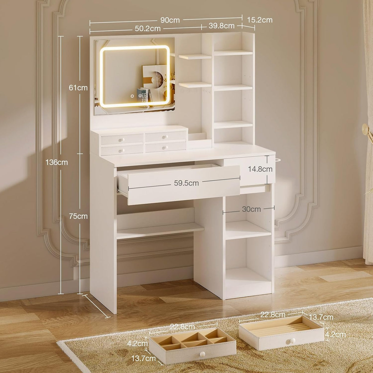 Make-up Tafel – Kaptafel – Toiletspiegel – Make-up Bureau – Make-up Spiegel – LED Spiegel Met 3 Kleurtemperaturen – Ingebouwde Stopcontacten Met 6 Lades