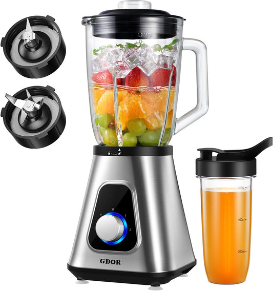 GDOR 1200 W blender glas 2-1 mixer smoothie maker met 1,5 l glazen kan en 650 ml reisbeker 3 snelheden high-performance mixer professionele blender voor smoothies shakes bevroren dranken sauzen