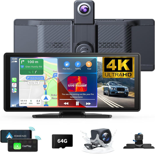 Draadloos CarPlay Scherm – Android Auto Scherm – Multimedia Scherm – GPS Navigatiescherm – Auto Audio Ontvanger – 10,26 Inch IPS Display – 4K Dashcam Met 1080p Achteruitrijcamera