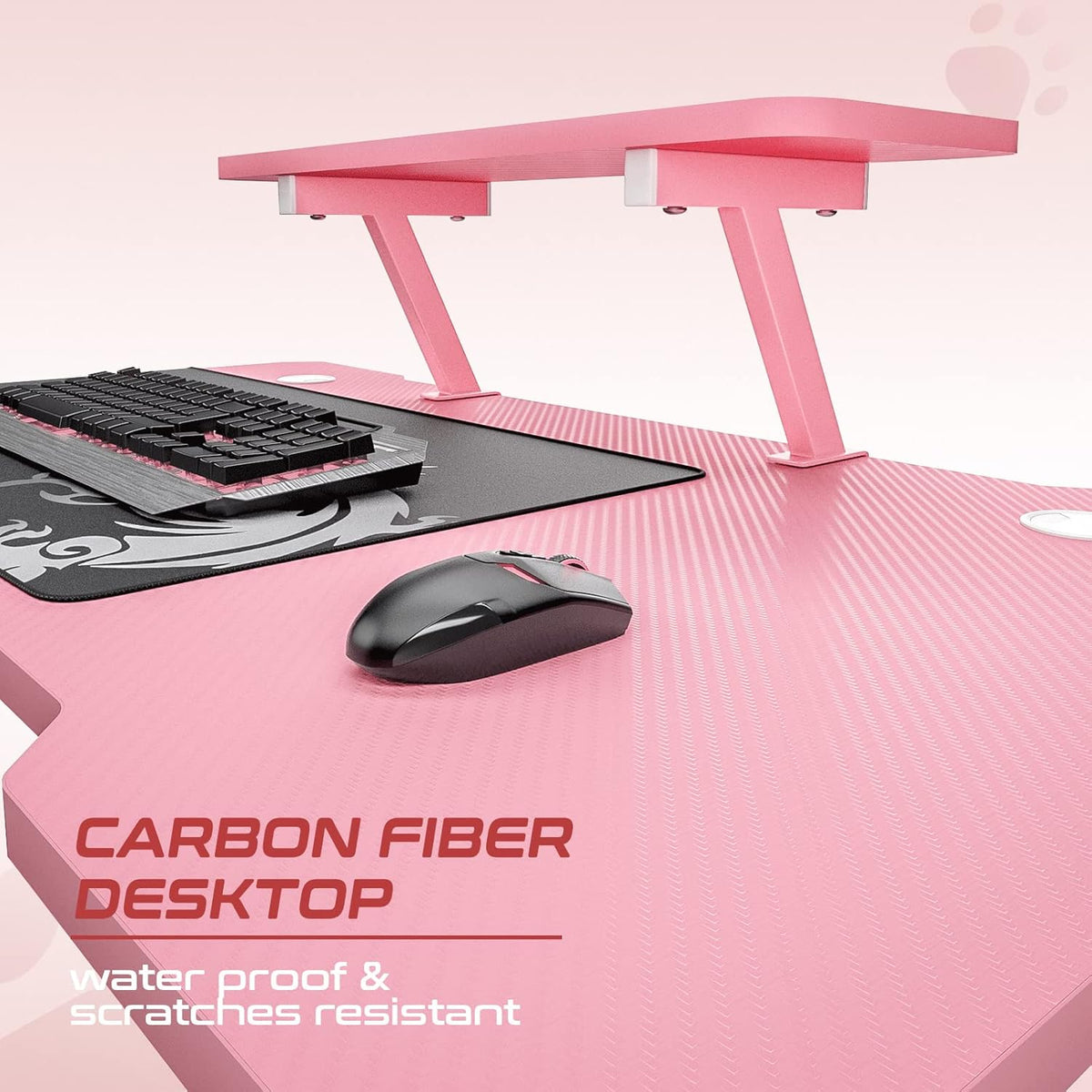 Intimate WM Heart Gaming Bureau, grote ergonomische gaming computer bureau, koolstofvezel tafelblad E-Sports bureau met verstelbare monitor plank, draaibare oortelefoon, beker, handvat houders, roze
