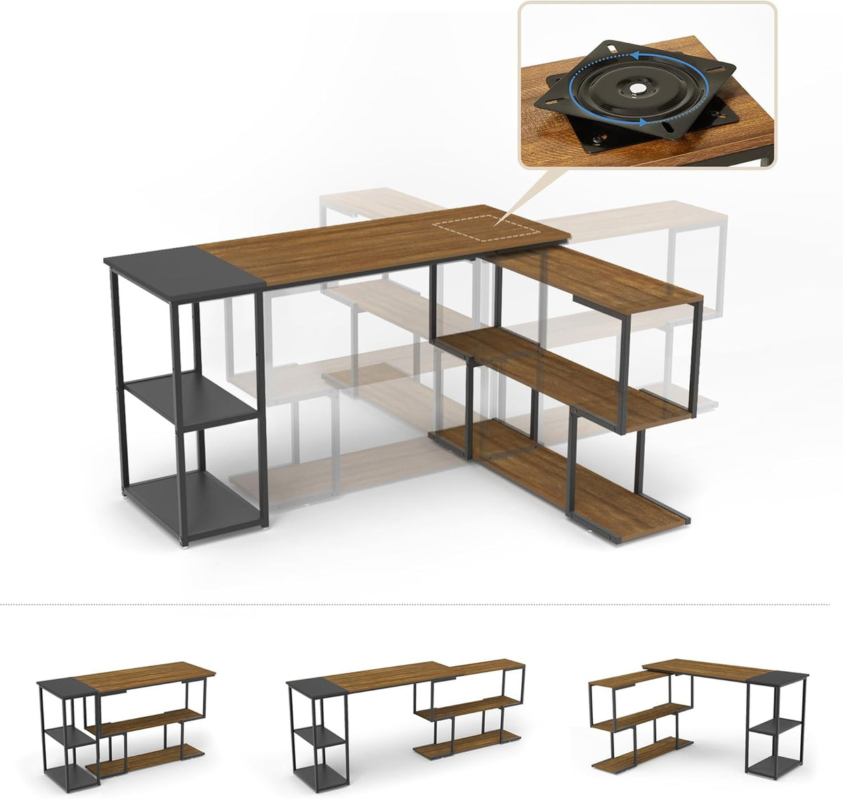 Mondeer L-vormig computerbureau, hoekbureau, 360° draaibare planken en verstelbare opbergplanken, ruimtebesparend voor thuiskantoor, studio-werkstation, rustiek bruin en zwart
