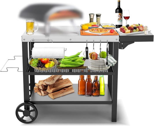 GFTIME Roestvrijstalen grilltafel, grillwagen met 3 etages, pizzaovenstandaard, grilltafel voor buiten, werkwagen met 4 haken, outdoor serveerwagen bijzettafel, grilltrolley 116 x 54 cm