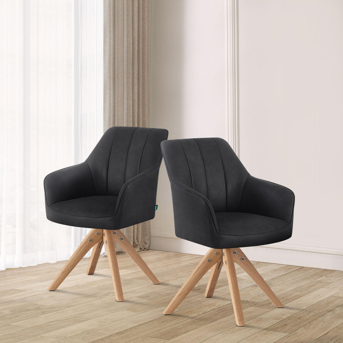 Draaistoelen Eetkamerstoelen – Keukenstoelen – Bureaustoelen – Make-up Stoelen – Set Van 2 – Gestoffeerd Zwart – Massief Eikenhout – 360° Draaibaar