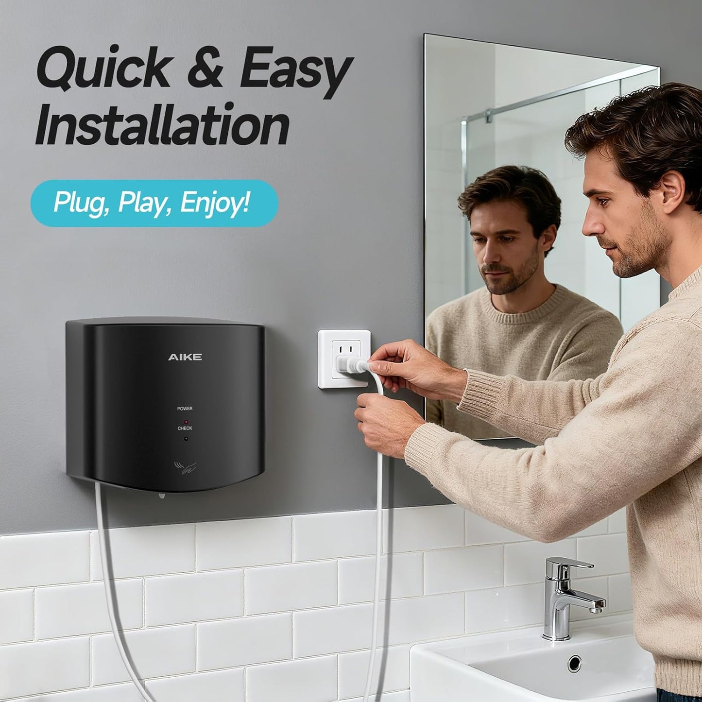 AIKE AK2630S Elektrische Handdroger 10 Seconden Droog, 1400 Watt Commerciële Handdroger, Compact voor Restaurantbadkamers en Kleine Kantoren