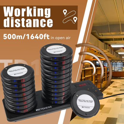 Retekess TD163 Oproepsysteem Restaurant, 20 Pagers, 400M, Blauw LED Licht, 31 Oproepmodi, 20H Standby, Touchscreen Toetsenbord, Semafoonsysteem voor Restaurant, Hotel, Bar
