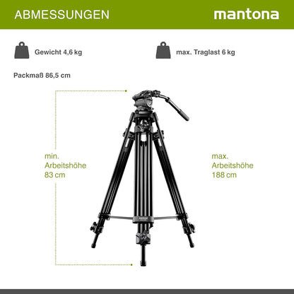 Mantona Dolomit 1300 Videostatief, 188 cm (incl. Fluid Neiger met Waterpas, Quick Release Plaat, Draaibaar Handvat Transporttas) voor DSLR en Videocamera, Zwart