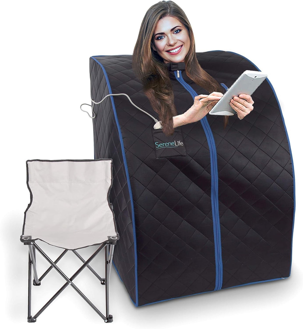 SereneLife Portable Sauna For Home Use- Infrared Sauna Tent With Heated Foot Cushion And Foldable Chair-Sauna Box - Compact Personal Detox Sauna Remote Control-96.5 x 81 cm-Silver - QUORE