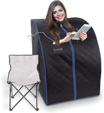 SereneLife Portable Sauna For Home Use- Infrared Sauna Tent With Heated Foot Cushion And Foldable Chair-Sauna Box - Compact Personal Detox Sauna Remote Control-96.5 x 81 cm-Silver - QUORE