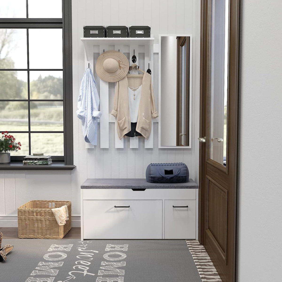 Meerveil Shoe Bench with Seat, Shoe Bench with Storage Space and Folding Drawer, Wooden Industrial Style for Hallway, 100 x 52 x 30 cm (W x H x D), White - QUORE