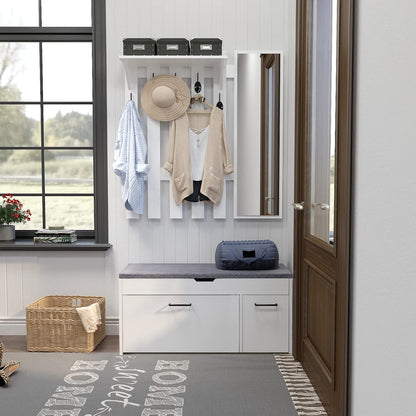 Meerveil Shoe Bench with Seat, Shoe Bench with Storage Space and Folding Drawer, Wooden Industrial Style for Hallway, 100 x 52 x 30 cm (W x H x D), White - QUORE