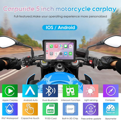 Motorfietsnavigatie – GPS Scherm – Motorfiets GPS – Navigatiesysteem – Telefoonhouder – 5 Inch Waterdicht Touchscreen – Draadloze CarPlay & Android Auto – Dual Bluetooth & Intercom
