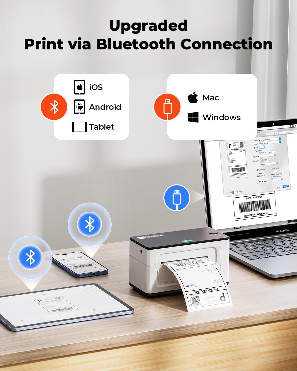MUNBYN 941 300 DPI Bluetooth thermische printer 4 x 6, zonder inkt en zelfklevend, afdruksnelheid 150 mm/s, USB/Bluetooth-verbinding, compatibel met Colissimo, UPS, Amazon, Ebay, Shopify