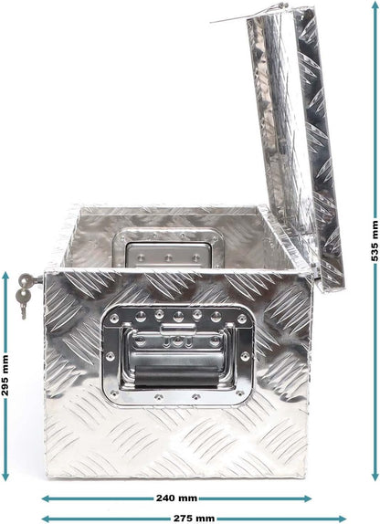 XPOtool Transport box aluminium 60x25x30 cm, storage box for tools and objects incl. 2 keys, robust storage box for trucks and transport, drawbar for trailers