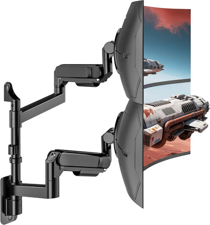 ARES WING Monitor muurbeugel 2 monitoren, voor Ultra Wide 24-57 inch beeldschermen, 27 kg/arm, VESA 75/100, gasdrukveer, pc-monitor, volledige verstelbare monitorhouder voor kantoor en gaming