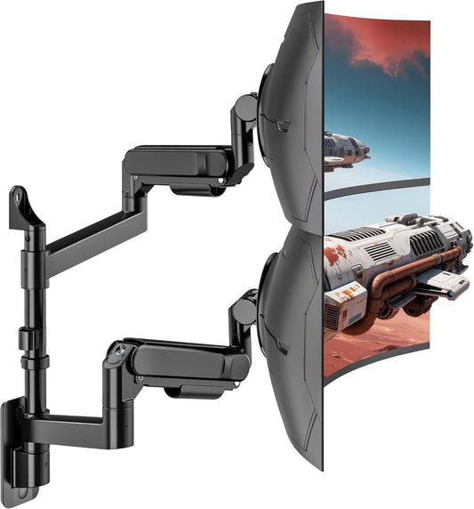 ARES WING Monitor muurbeugel 2 monitoren, voor Ultra Wide 24-57 inch beeldschermen, 27 kg/arm, VESA 75/100, gasdrukveer, pc-monitor, volledige verstelbare monitorhouder voor kantoor en gaming