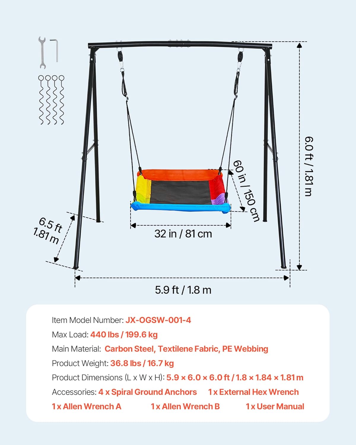 VEVOR Tuinschommel van metaal, A-vormig, voor kinderen, maximale belasting 199,6 kg, zitschommel 150 x 81 cm, voor buiten, binnenplaats, speelplaats, driehoekige structuur voor kinderen