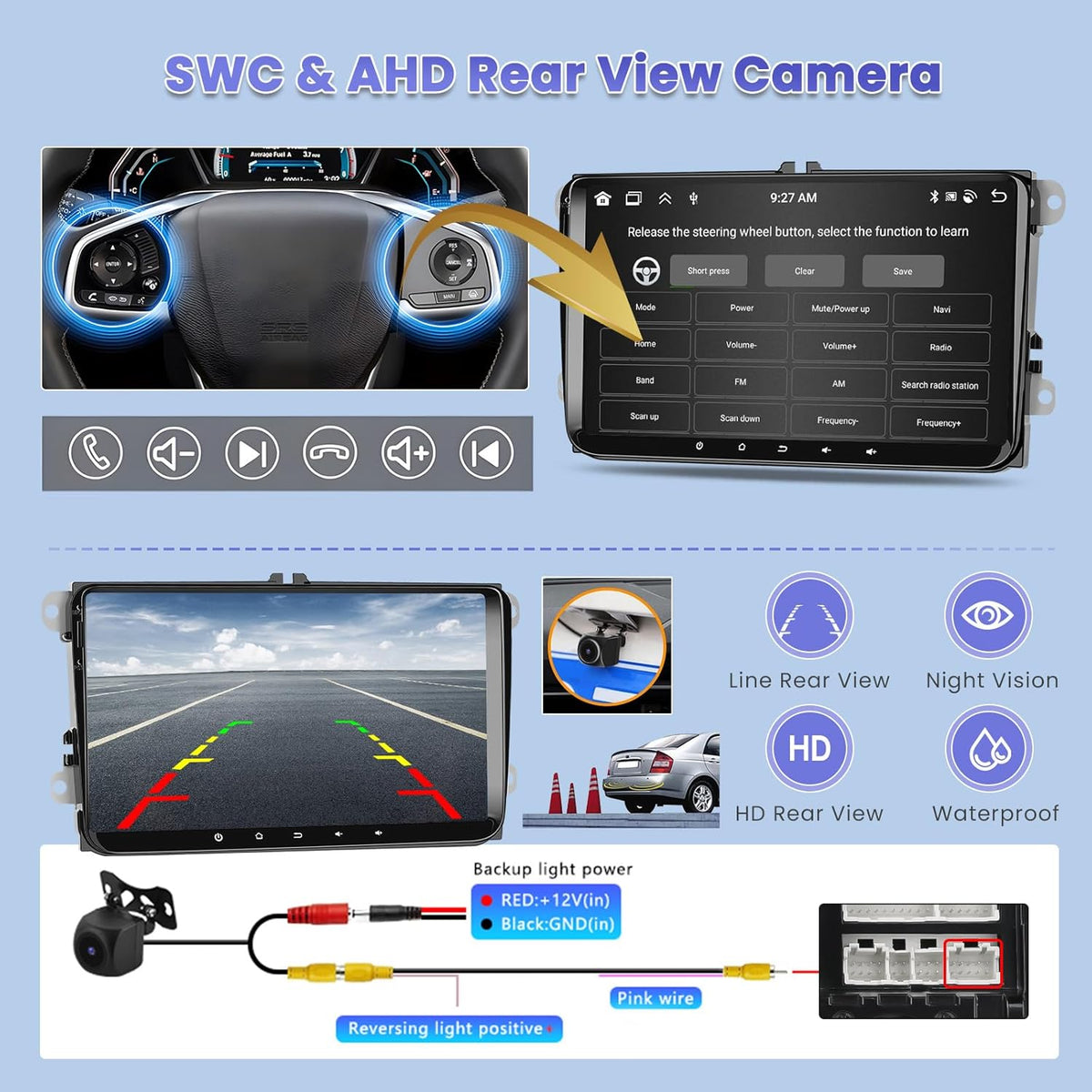 8-Core/4G+64G/DSP Autoradio Android pour VW Golf 5 Golf 6 Polo Passat Tiguan T5 Transporter Seat Leon avec Sans Fil CarPlay Android Auto, 9" écran Tactile avec BT GPS WiFi RDS FM USB+CAM