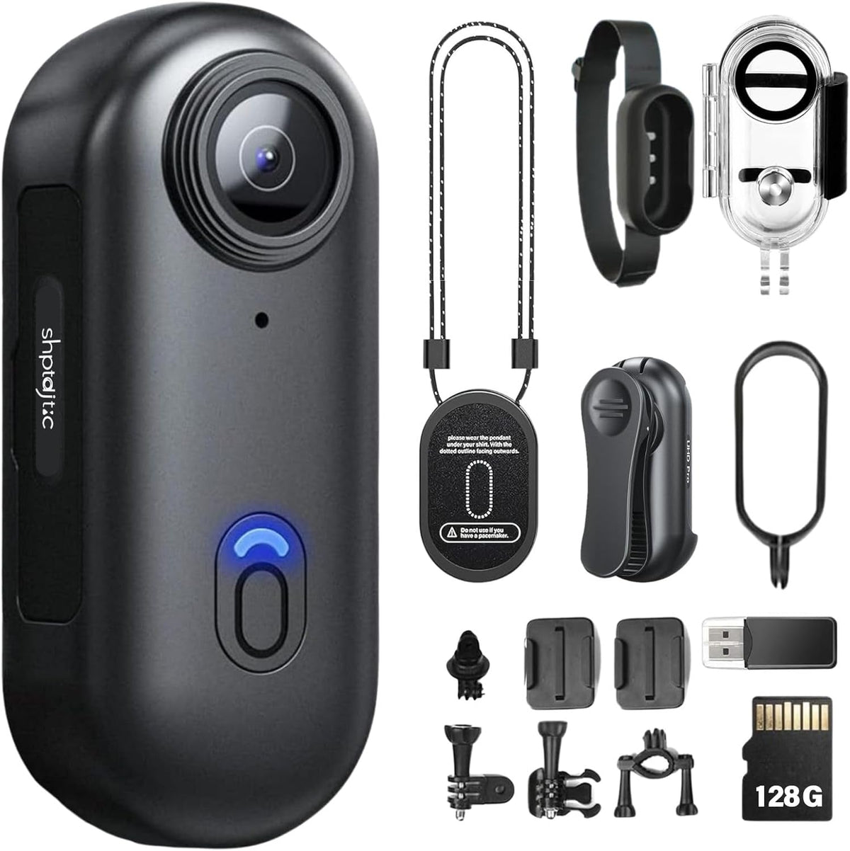 4K Actiecamera, duim actiecamera, klein formaat, overal te monteren, kleine lichaamscamera met veerclip, draagbare vlogging, handsfree POV-opname, helmcam voor fietsen, motorfiets (4K-128G)