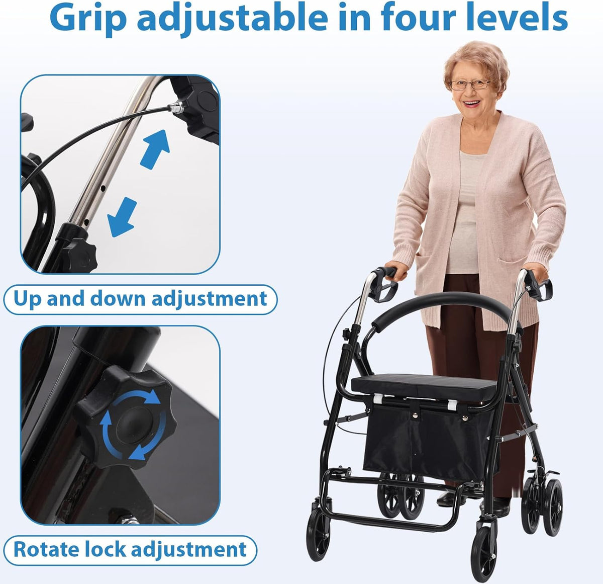 Vouwbaar en lichtgewicht rollator met zitting, winkelmandje, lichte wandelwagen voor senioren met in hoogte verstelbaar, stevige wielen, ideaal voor wandelen, winkelen en dagelijkse mobiliteit