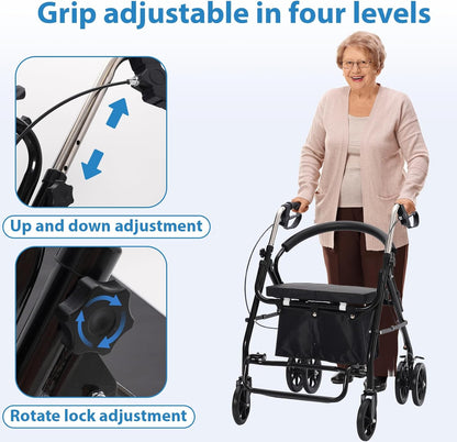 Vouwbaar en lichtgewicht rollator met zitting, winkelmandje, lichte wandelwagen voor senioren met in hoogte verstelbaar, stevige wielen, ideaal voor wandelen, winkelen en dagelijkse mobiliteit