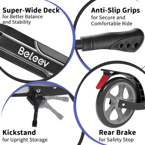 BELEEV V10 Big Wheel Scooter voor kinderen vanaf 6 jaar, met oplichtend dek, opvouwbare scooter met 2 wielen voor volwassenen en tieners, 5 verstelbare hoogte, lichtgewicht sport forenzen scooter met