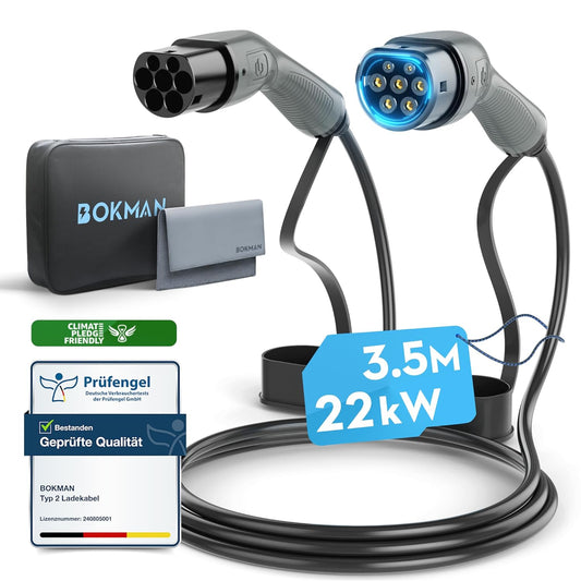 bokman EV oplaadkabel type 2, 22 kW / 32 A / driefasig / 3 meter / modus 3, hybride snellaadkabel voor elektrische voertuigen type 2 naar type 2
