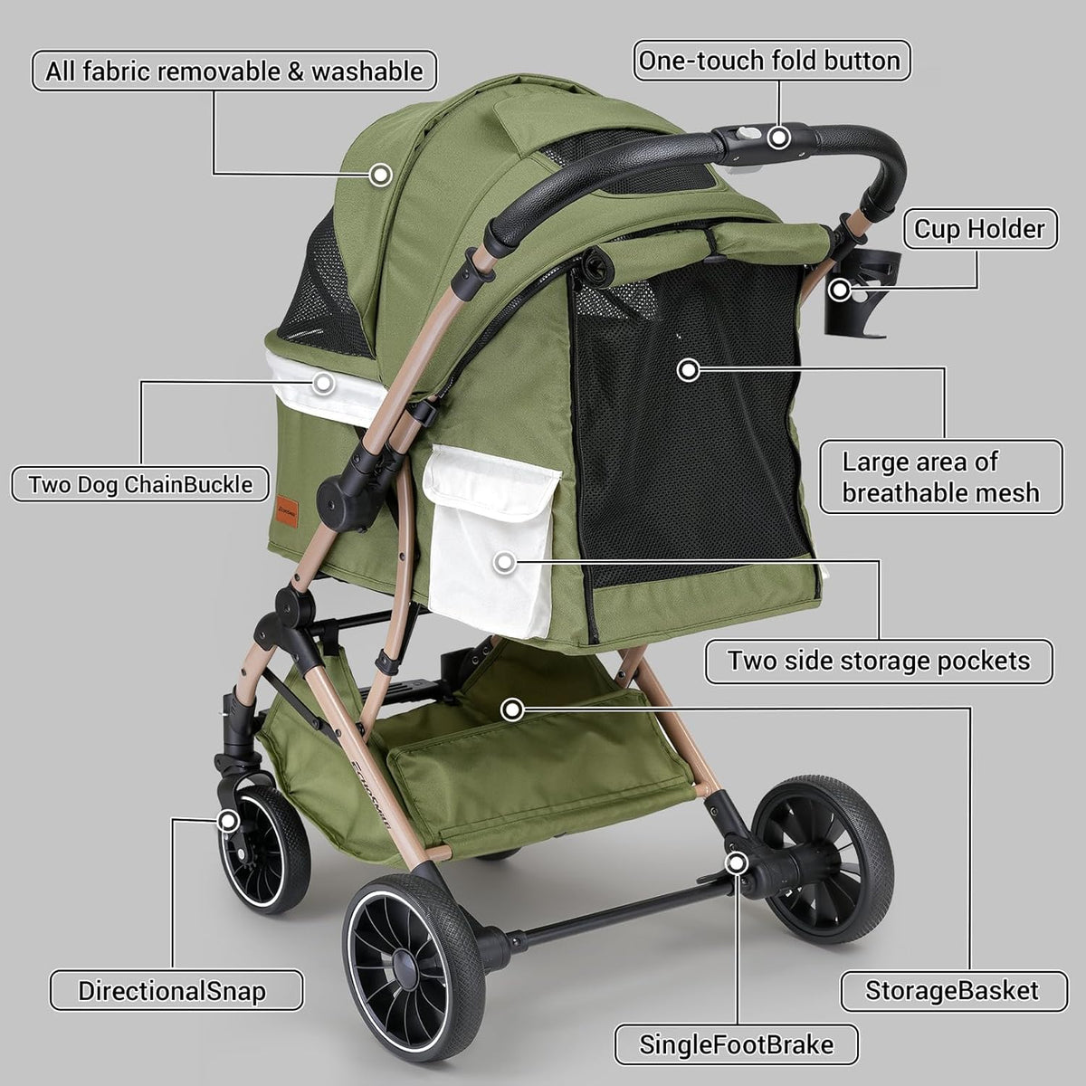 EchoSmile Opvouwbare hondenwagen, hondenbuggy tot 20 kg, voor kleine middelgrote honden en katten, hondenbuggy en kattenwagen met omkeerbare handgreep, schokdemping en afneembaar wasbaar kussen (groen