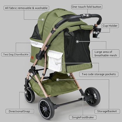 EchoSmile Opvouwbare hondenwagen, hondenbuggy tot 20 kg, voor kleine middelgrote honden en katten, hondenbuggy en kattenwagen met omkeerbare handgreep, schokdemping en afneembaar wasbaar kussen (groen