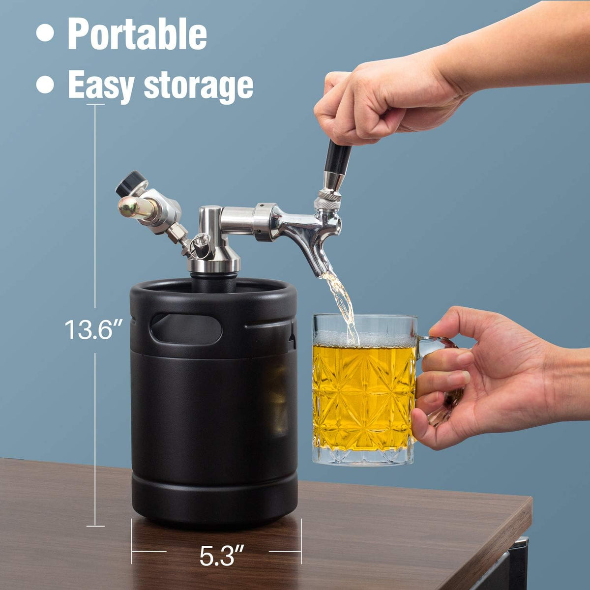 TMCRAFT 2 liter (64 oz) mini roestvrijstalen biervat met bierdispenserset, draagbare growler keg met bierkraan onder zelfregelingssysteem en CO2-regelaar houdt drank vers en koolzuurhoudend