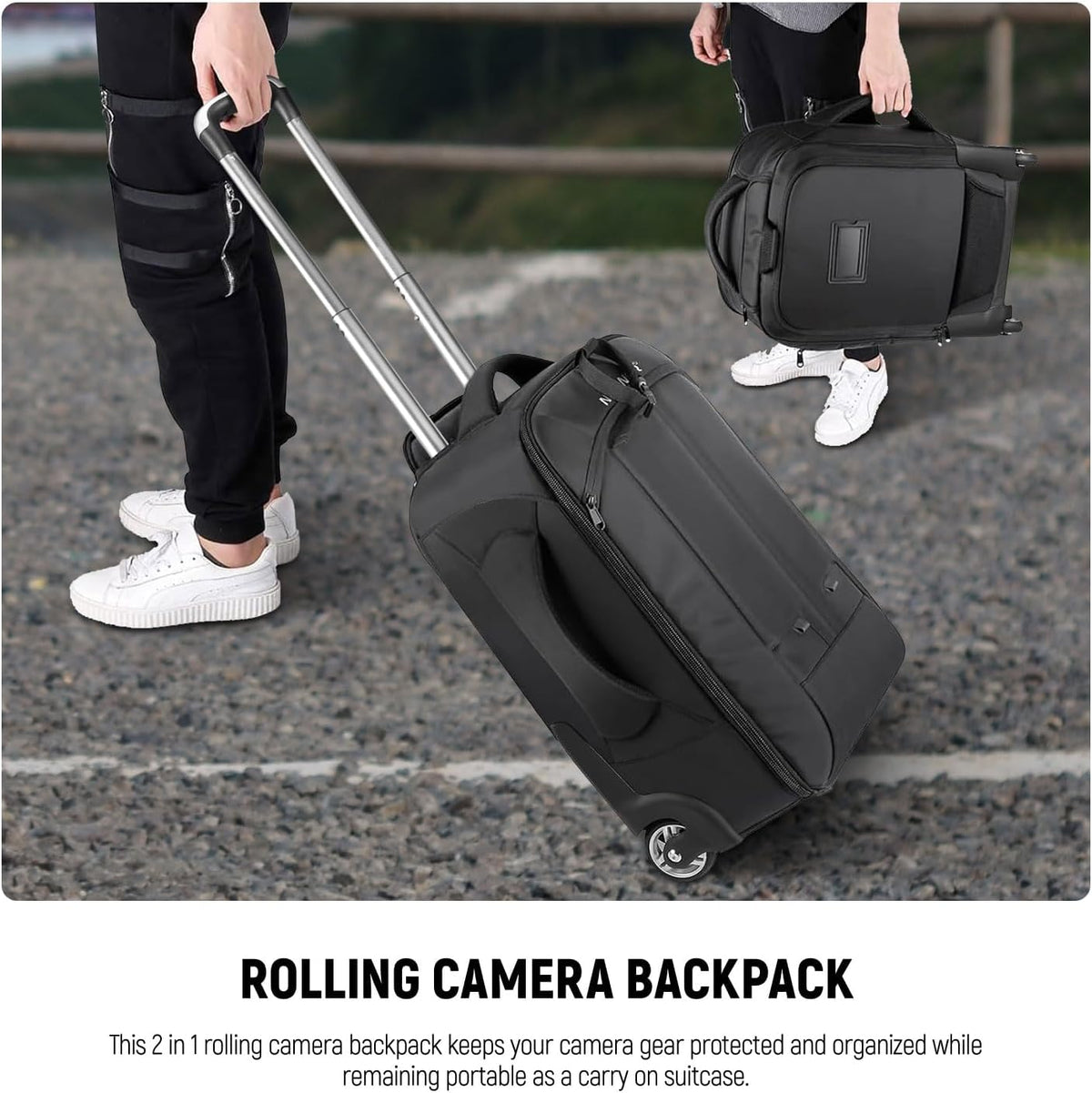 2-In-1 Camerarugzak met Wielen – Rolkoffer – Cameratas – Camera Trolley – Fototas – Zwart/Grijs – 11 Verstelbare Vakken – Laptopvak Tot 16 Inch