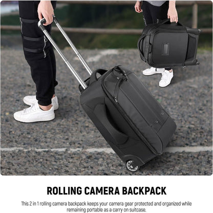 2-In-1 Camerarugzak met Wielen – Rolkoffer – Cameratas – Camera Trolley – Fototas – Zwart/Grijs – 11 Verstelbare Vakken – Laptopvak Tot 16 Inch