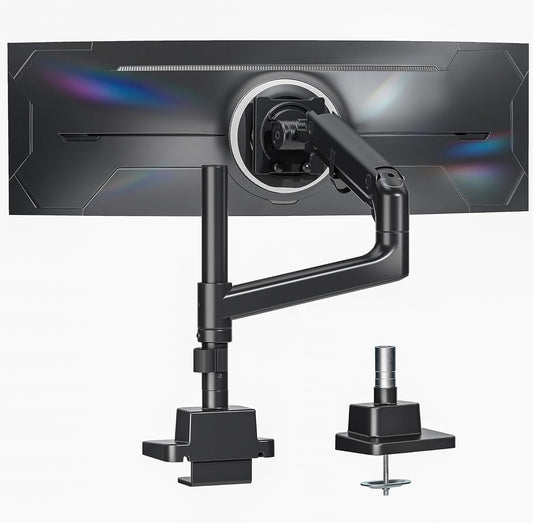 monTEK Monitorarm voor 17-57 Inch Ultrawide Schermen tot 27 kg, Aluminium Zware Gasveer Enkele Gebogen Scherm Verstelbare Monitorstandaard, 75/100mm Vesa-bevestiging, Zwart
