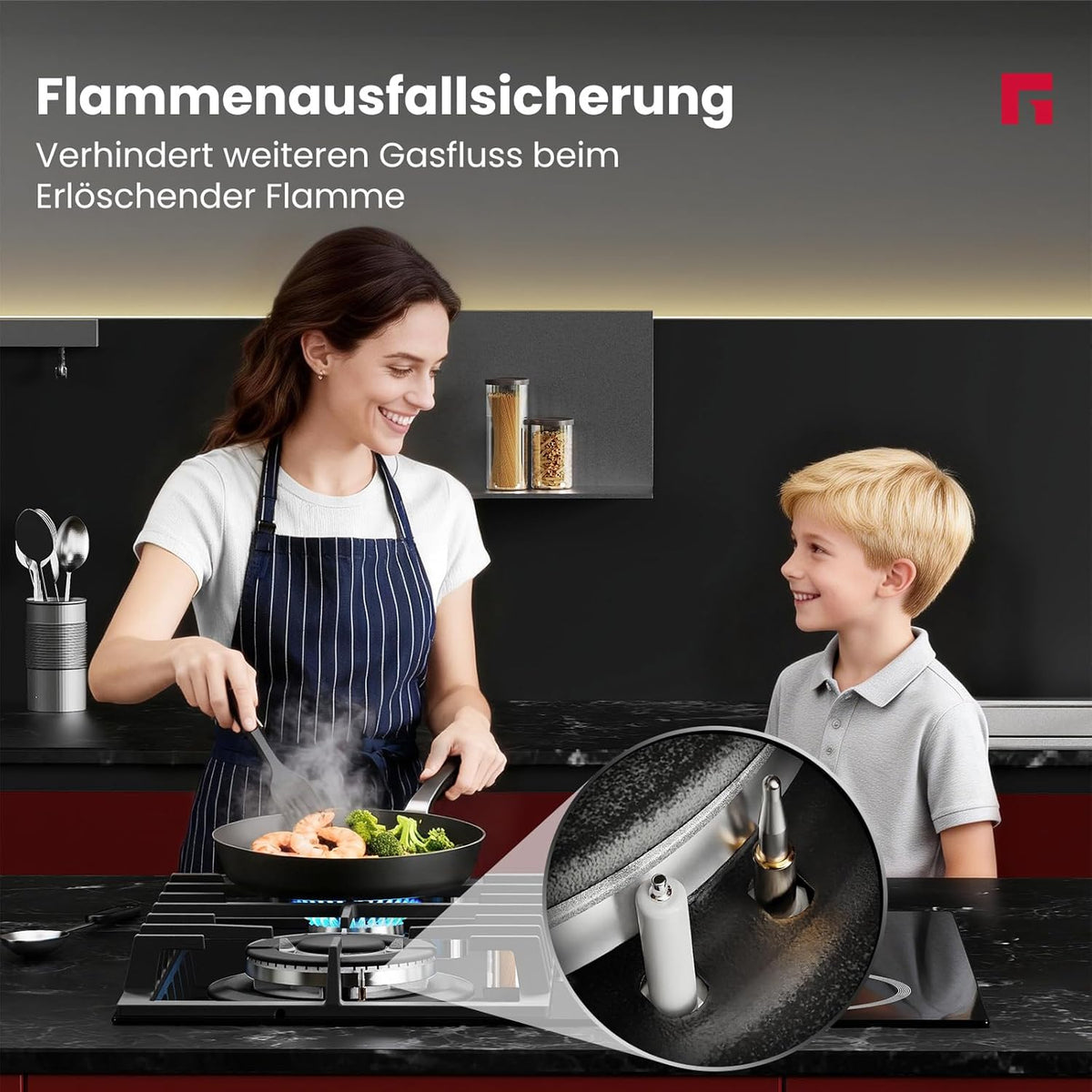 Gaskookplaat – Keramische Kookplaat – Combikookplaat – Inbouwkookplaat – Wokbrander – 60 cm Breed – 5200 W Gasbrander – Zwart Glaskeramiek