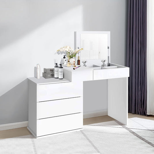 ML-Design Dressing Table White With Folding Mirror, 4 Drawers & 4 Compartments, 117.5x78x45cm, Cosmetic Table For Women & Girls, Made of MDF Wood, Makeup Table - QUORE