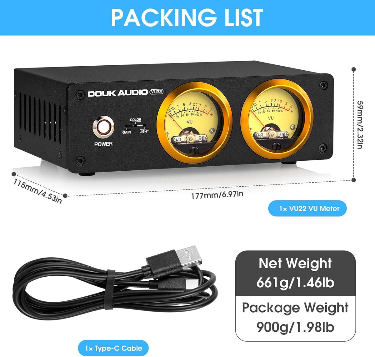 Douk Audio VU22 Dubbele analoge VU-meter display, DB-paneel, muziekspectrum, MIC en LINE geluidsniveaumeter, audio-indicator