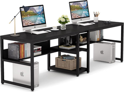 Tribesigns Double Desk with Bookshelf, 31" Computer Office Double Desk for Two People, Rustic Writing Desk Workstation with Shelf for Home Office (Black)